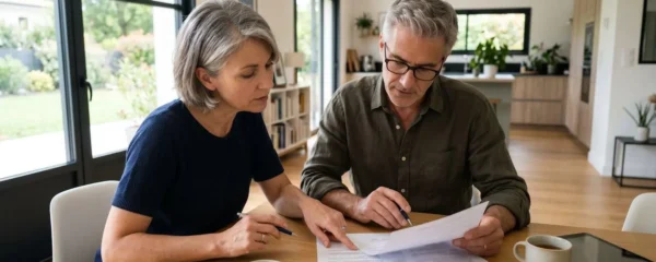 Un couple d'une cinquantaine d'années examine des documents immobiliers posés sur une table de salle à manger contemporaine, dans un intérieur lumineux avec vue sur fenêtre