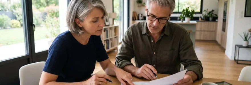Un couple d'une cinquantaine d'années examine des documents immobiliers posés sur une table de salle à manger contemporaine, dans un intérieur lumineux avec vue sur fenêtre