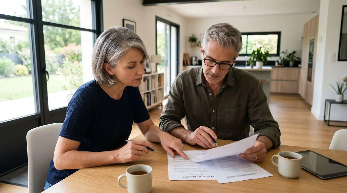 Un couple d'une cinquantaine d'années examine des documents immobiliers posés sur une table de salle à manger contemporaine, dans un intérieur lumineux avec vue sur fenêtre