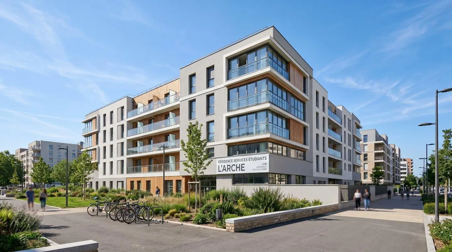 Façade d'un immeuble de résidence de services moderne en France, avec architecture contemporaine épurée et larges baies vitrées, photographiée en plein jour