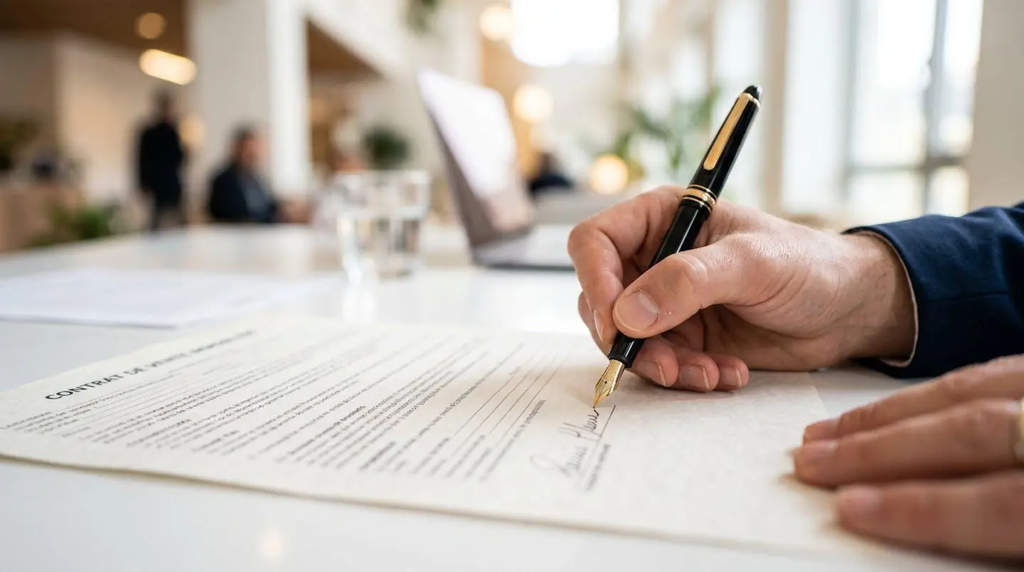 Gros plan d'une main signant un document contractuel avec un stylo-plume sur un bureau moderne, avec un arrière-plan flouté lumineux