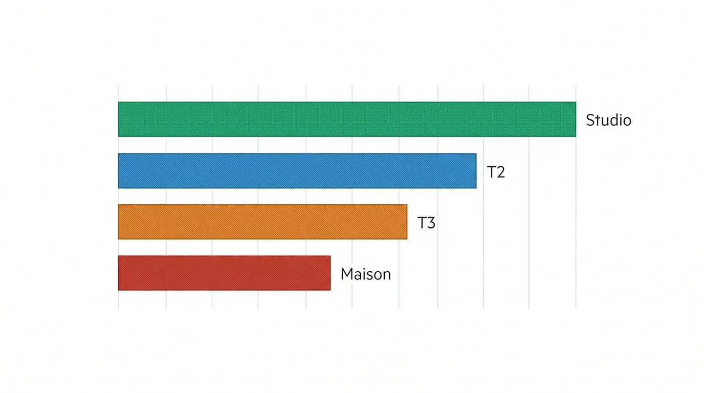 Graphique en barres comparant la rentabilité locative moyenne de quatre types de biens immobiliers : studio, T2, T3 et maison.