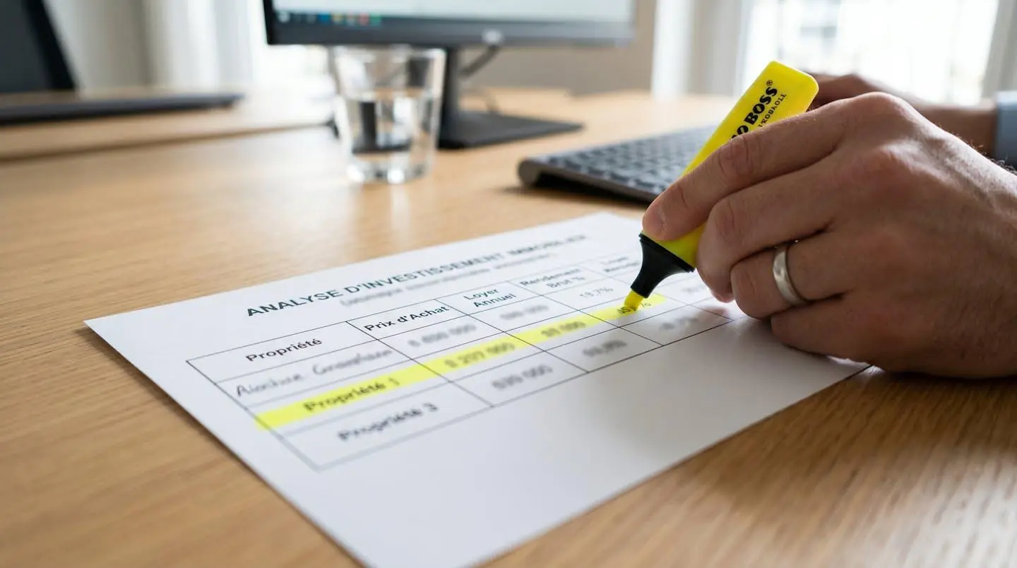 Gros plan d'un tableau Excel imprimé comparant la rentabilité de trois biens immobiliers, avec une main surlignant le taux le plus élevé.
