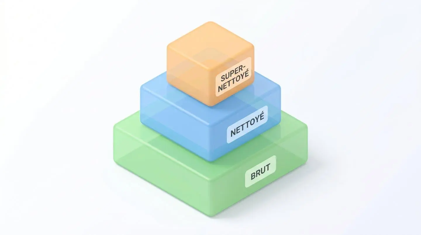 Illustration 3D isométrique de trois blocs empilés représentant les trois niveaux de rentabilité immobilière : brute (vert), nette (bleu) et nette-nette (orange).