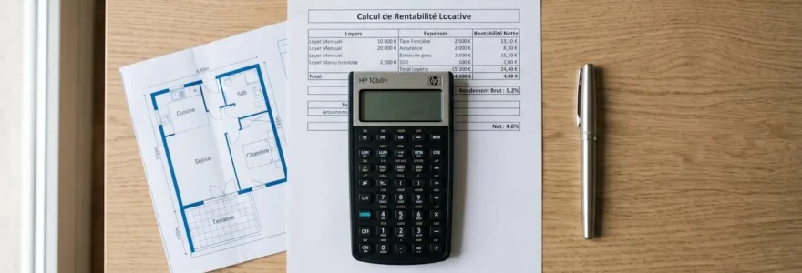 Vue en plongée d'une calculatrice et d'un tableau de calcul de rentabilité locative posés sur un bureau en bois clair, avec un plan d'appartement architectural à côté.