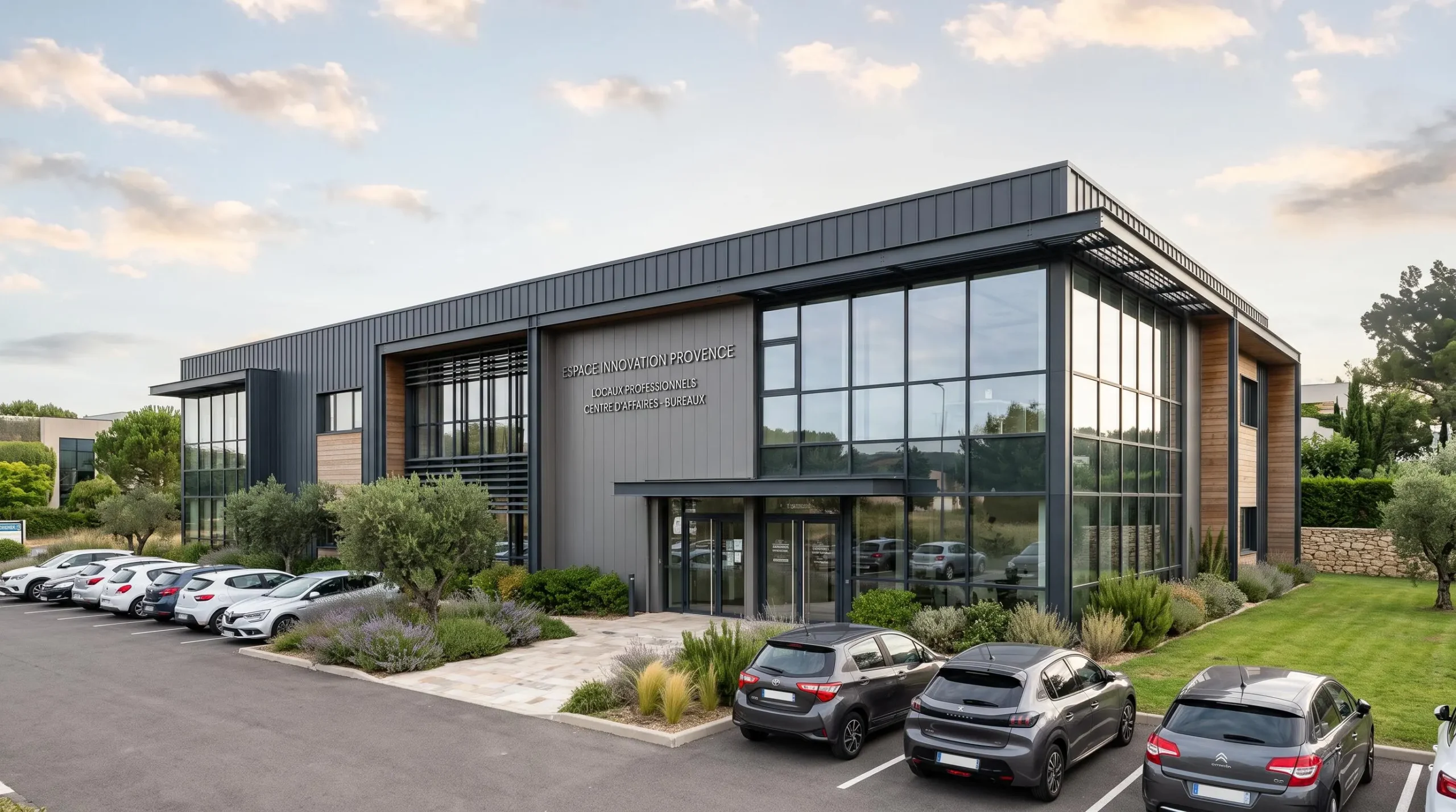 Façade extérieure d'un bâtiment professionnel moderne avec enseigne d'entreprise, parking et végétation, représentant un actif immobilier d'entreprise typique