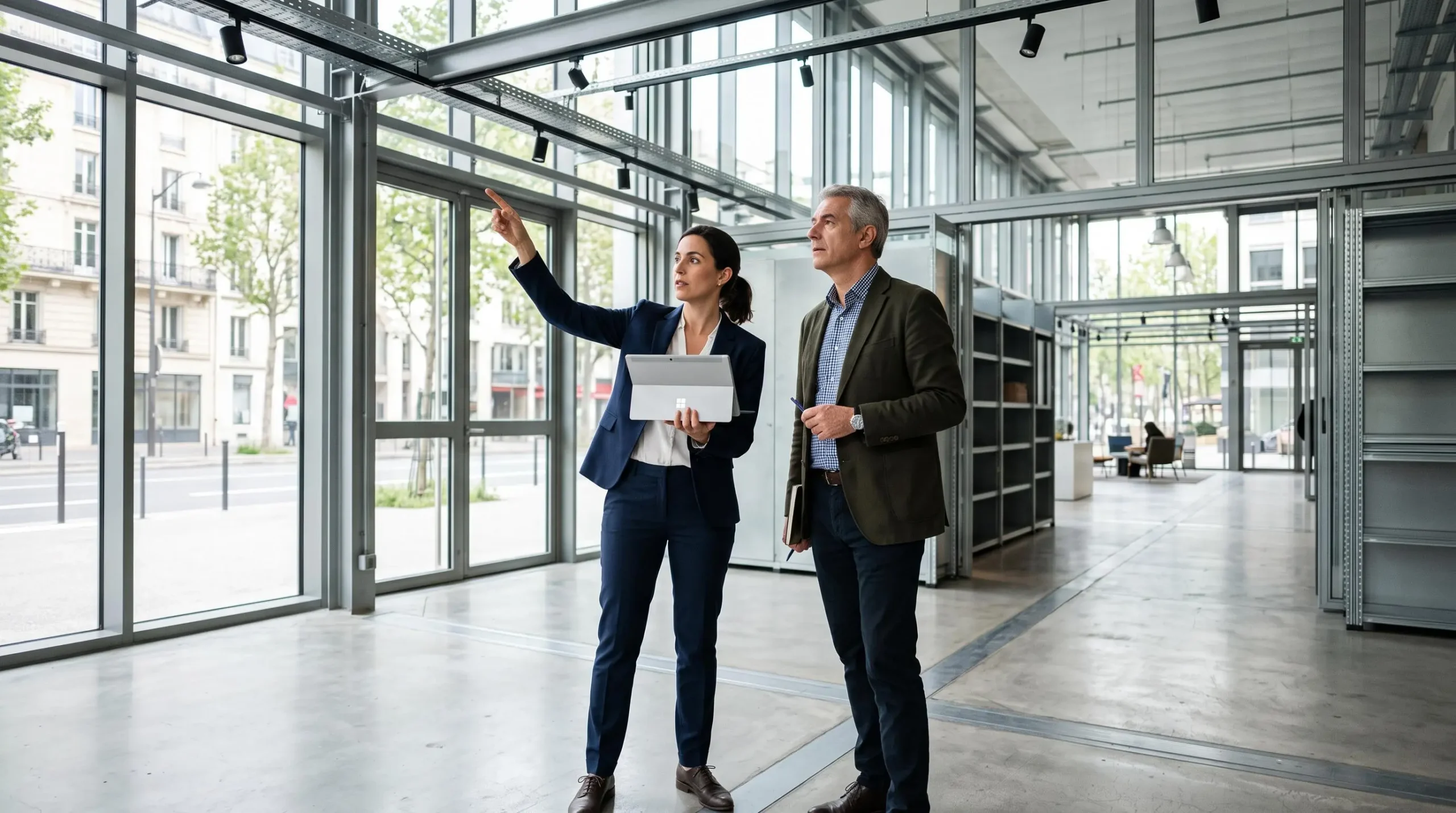 Gestionnaire immobilier et dirigeant inspectant ensemble un local professionnel lumineux avec tablette