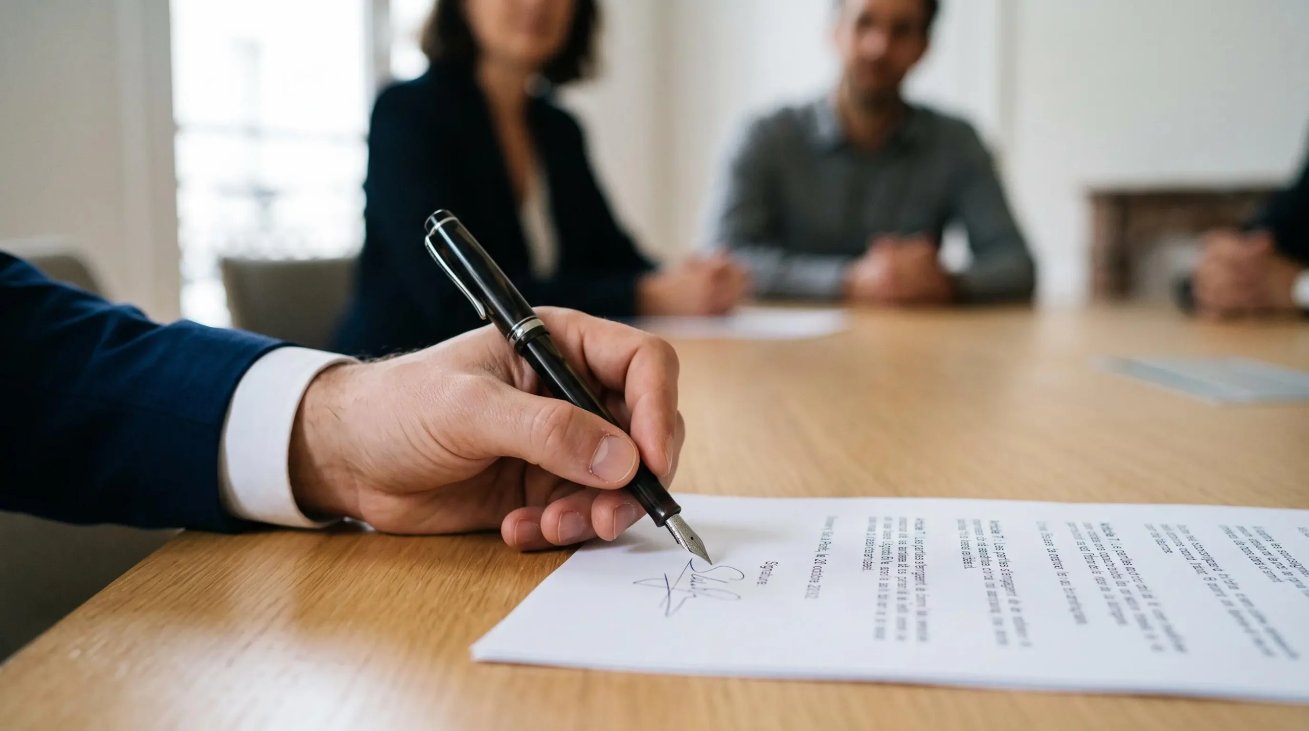 Main signant un document contractuel sur une table avec témoins professionnels en arrière-plan lors d'une transaction immobilière